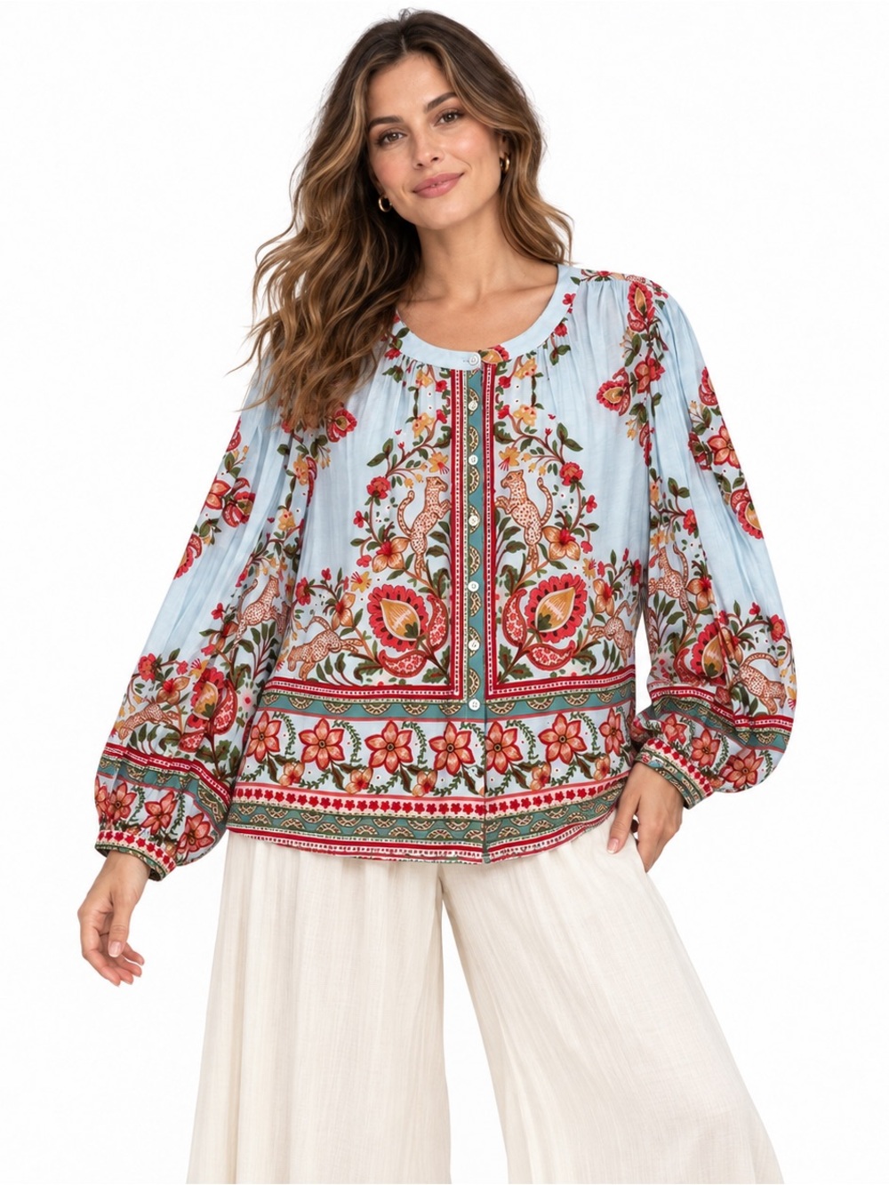 Rose + Olive Blue Floral Leopard Boho Balloon Sleeve Blouse L